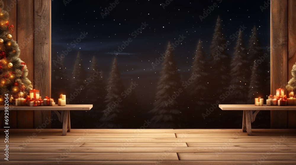 Empty wooden table with christmas theme in background, generative ai