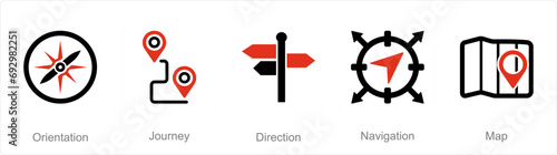 A set of 5 Adventure icons as orientation, journey, direction