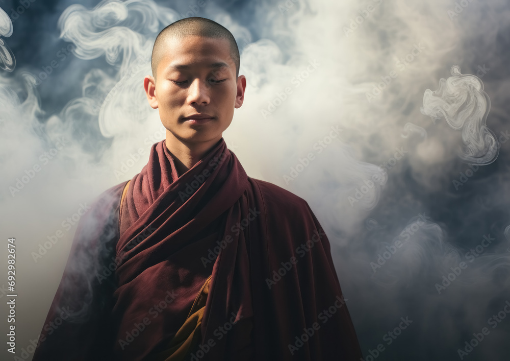 Portrait of a young Buddhist monk in Nirvana with his eyes closed in a side dim light in the scattering clouds of smoke Portrait of a young Buddhist monk in Nirvana with his eyes closed in a side dim light in the scattering clouds of smoke
