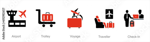 A set of 5 Airport icons as airport, trolley, voyage