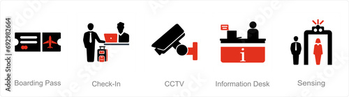 A set of 5 Airport icons as boarding pass, check in, cctv