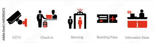 A set of 5 Airport icons as cctv, check in, sensing