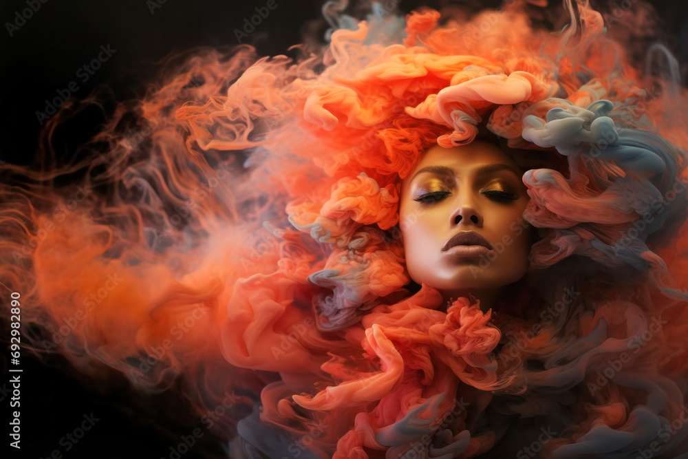 A female portrait in the fashion style, shrouded in curly bright orange and blue smoke