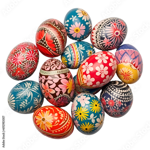 Set of colorful patterned Easter eggs on PNG transparent background for Easter and Thanksgiving decorations.