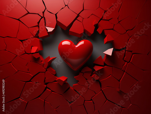 red broken heart on red background with copy space
