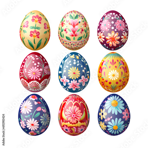 Collection of beautiful colorful Easter eggs on PNG transparent background for use in Easter decorations.