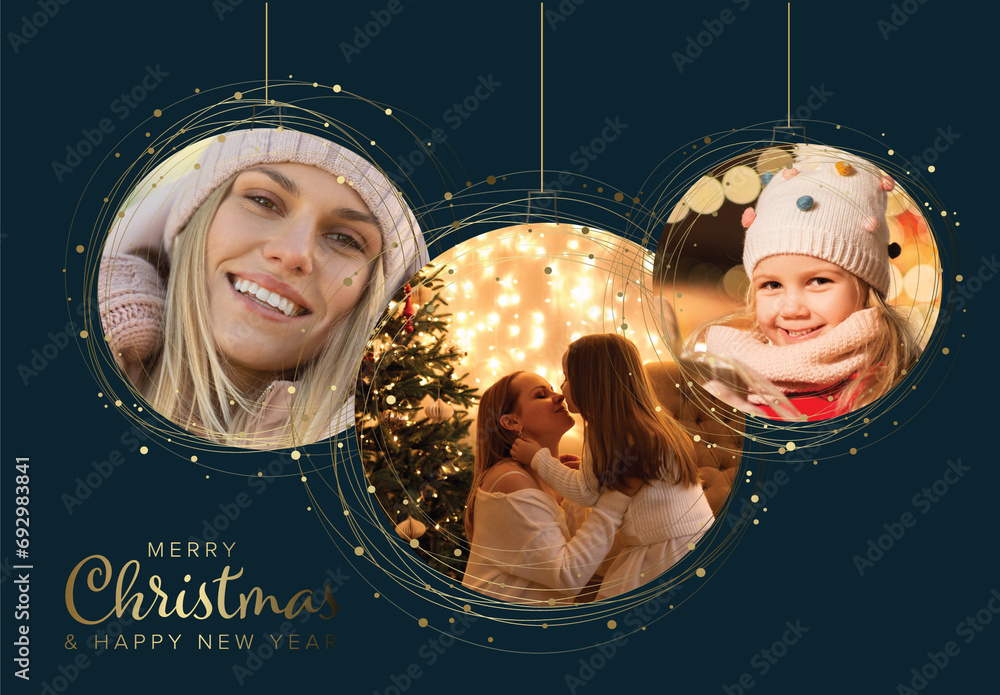 Simple winter family photo card layout template on dark blue background with thre golden circle Christmas decorations