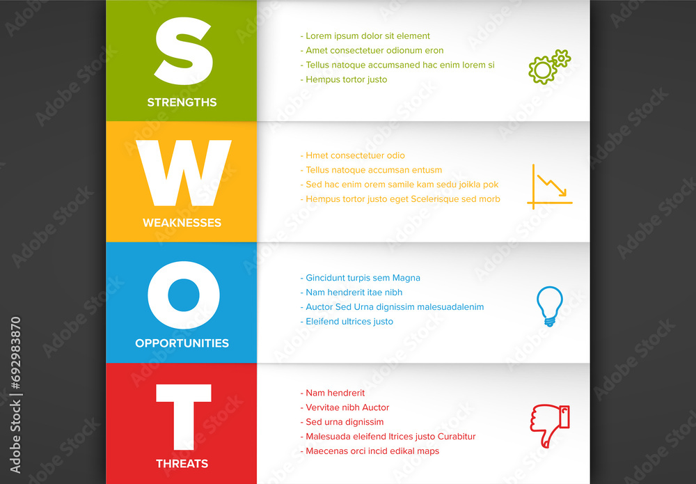 Color SWOT diagram schema template for your analysis with four row ...