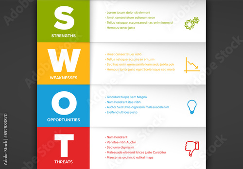Color SWOT diagram schema template for your analysis with four row blocks