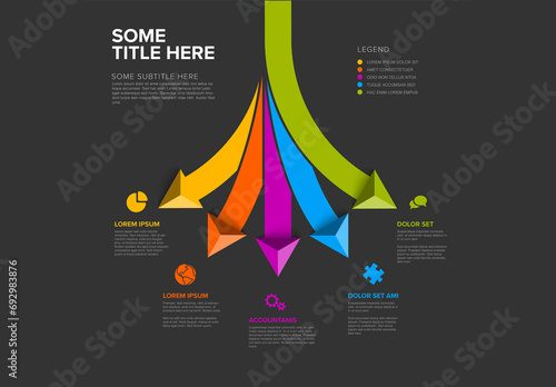 Infographics dark template with various diversity options and big arrows
