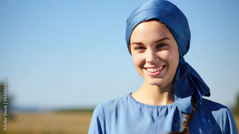Beautiful young happy Amish women in traditional dress of community and hat headscarf. Portrait of pretty Amish lady. Beautiful young happy Amish women in traditional dress of community and hat headscarf. Portrait of pretty Amish lady.