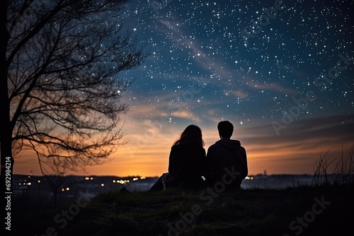 Dreamy image of a couple stargazing on a tranquil night, celestial love and the magic of the universe