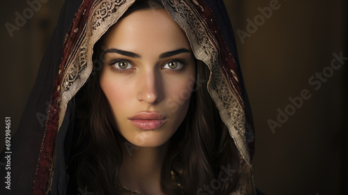 Portrait of Sephardi or Mizrahi woman. Pretty young Spanish Jew lady, Sephardic person in national vintage clothes.  photo