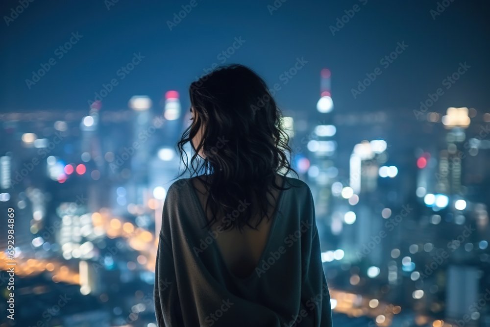 Traveling solo in Asia, night view of a city. Tokyo. A girl or woman tourist. Traveling solo in Asia, night view of a city. Tokyo. A girl or woman tourist.