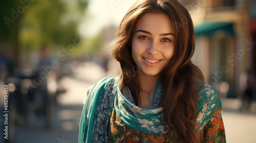 Uzbekistan woman. Portrait of a beautiful young modern smiling Uzbek girl in modern clothes on a city street.