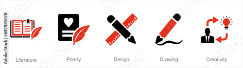 A set of 5 Art icons as literature, poetry, design