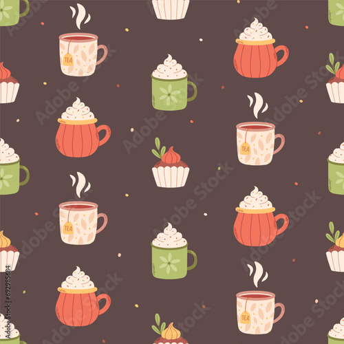 Hot drinks and cupcakes seamless pattern. Autumn seamless pattern. Vector illustration in flat style