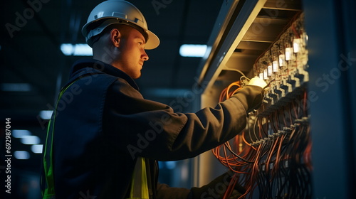 Electrician engineer man repairs wiring in electrical switchboard panel, troubleshooting an electrical station