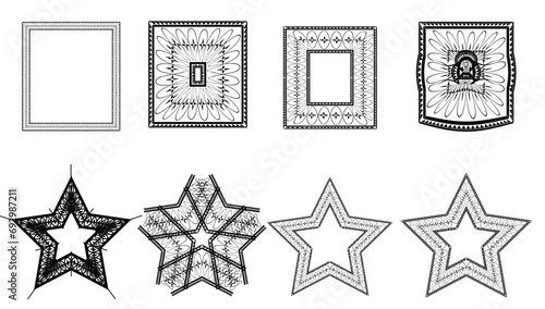 set of realistic square and star black frames mockup, vector . Empty framing for your design. Vector template for picture, painting, poster, lettering or photo gallery