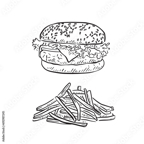 A line drawn illustration of a burger and fries. Two individual eps files in black and white. Hand drawn and converted into a vector. American fast food. 