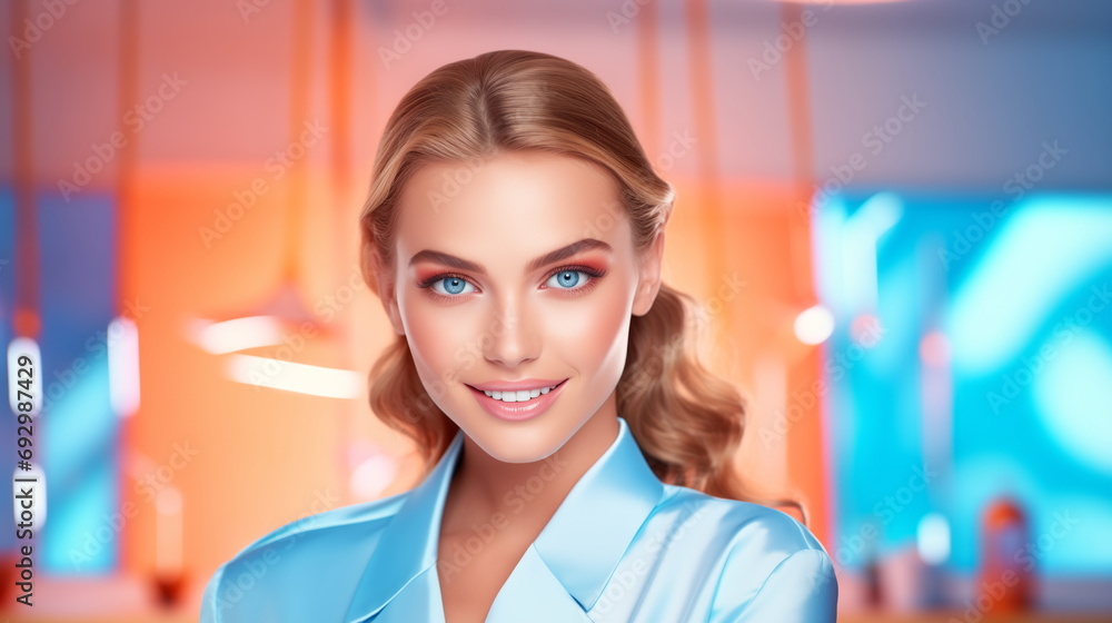 Portrait of a woman glamorous makeup, natural cosmetics long hair, blue orange background tone
