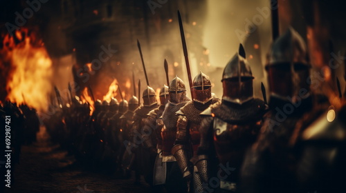 Medieval battle of knights warriors for castle. Fierce battle on battlefield, knights with swords are fighting the enemy. Decisive battle photo