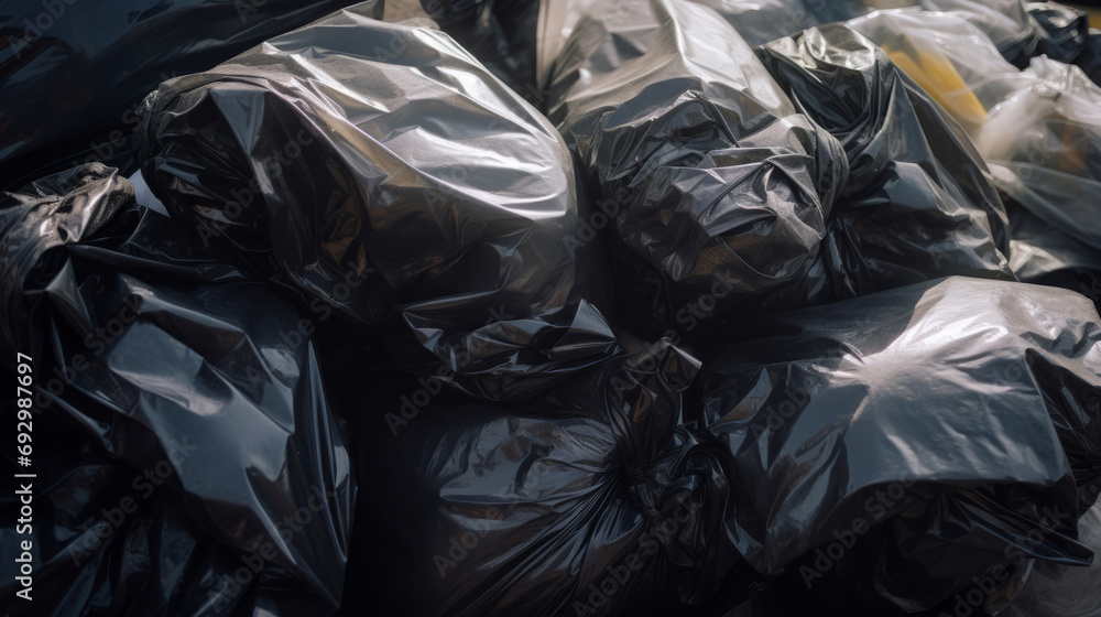 Big pile of black plastic trash bags on the city streets. Environmental pollution and ecological problems. Pollution of city. Garbage everywhere.