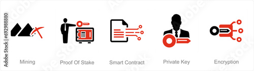 A set of 5 Blockchain icons as mining, proof of stake, smart contract