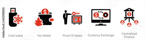 A set of 5 Blockchain icons as cold wallet, hot wallet, proof of stake