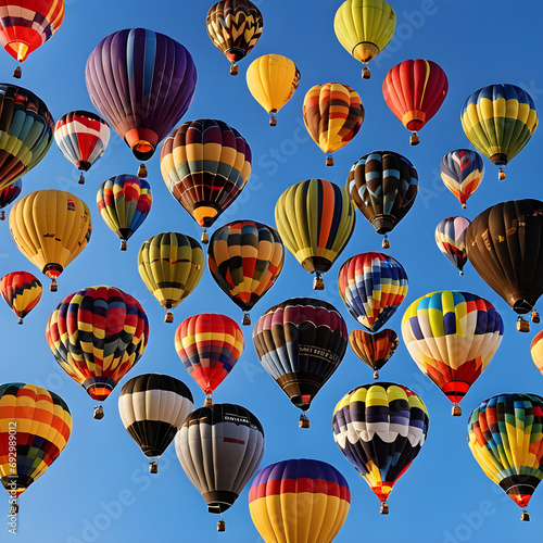 A colorful hot air balloon festival against a clear blue sky.
