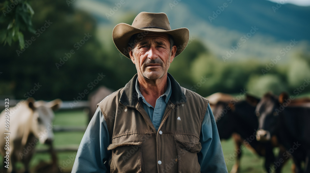 Portrait of a senior male farmer standing in front of his cow in field, confident farmer standing with cow in the Countryside Outdoors.