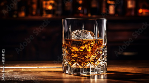 Glass of whiskey with ice cubes