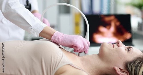 The doctor makes an ultrasound of the thyroid gland for a woman, close-up. Diagnosis of hypothyroidism, medical equipment photo