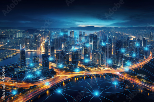 Digital city with high speed information and power grid. Digital community  smart society. DX  Iot  urban and rural nature areas digital network. digital society concept