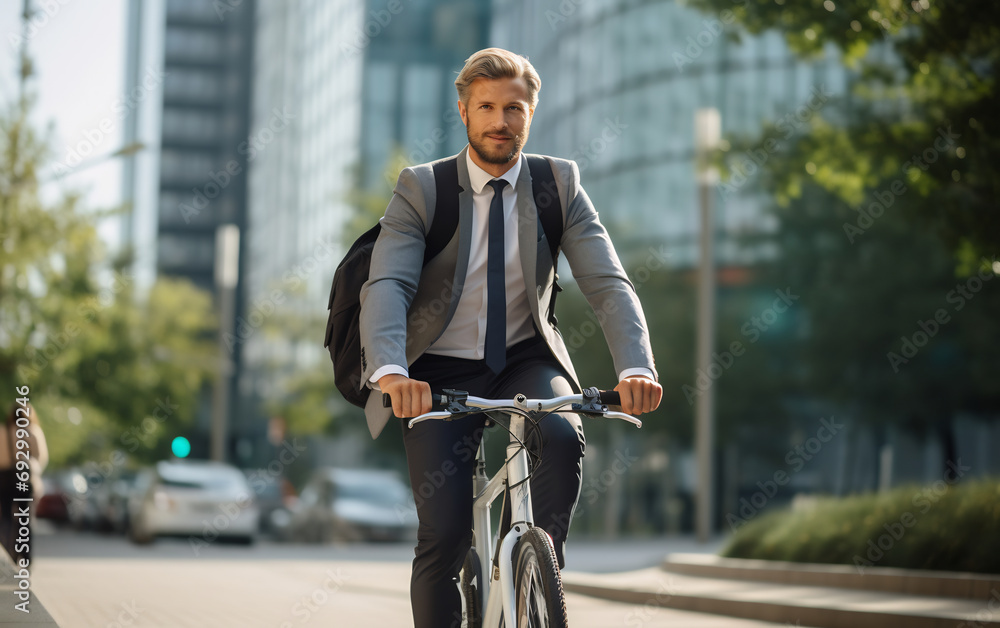Caucasian businessman in suit traveling through the city with his bicycle Caucasian businessman in suit traveling through the city with his bicycle