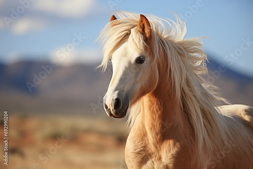 Close up portrait of a butiful white horse made in natural habitat conditions on a plain hiils background. Banner, poster, postcard, wallpaper photo