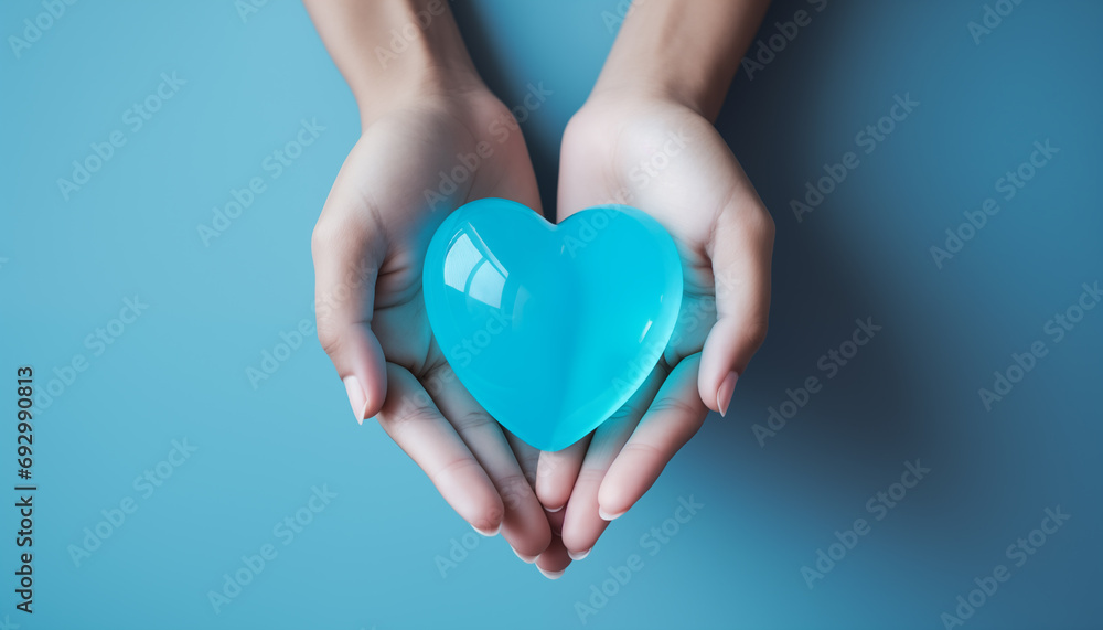 Close-up of a young romantic woman holding a blue heart. Minimalistic wallpaper. Concept of love, finding the right partner, relationship and Valentine's Day. Close-up of a young romantic woman holding a blue heart. Minimalistic wallpaper. Concept of love, finding the right partner, relationship and Valentine's Day.
