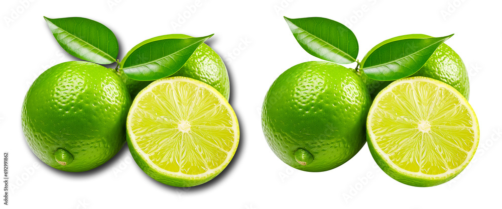 green limes with slice and leaves, with and without shadow isolated on a transparent background