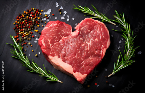 marbled beef steak like heart shape and rosemary hearb on dark background photo