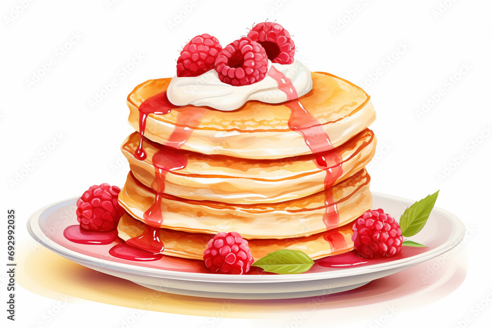 Pancake day - Raspberry Pancakes with Forest Fruit Sirup and Cream Isolated on White Background. Hand Drawn Watercolour Illustration. Happy Pancake Day