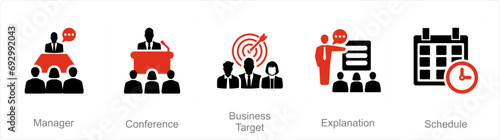 A set of 5 Business Presentation icons as manager, conference, business target