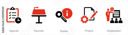 A set of 5 Business Presentation icons as agenda, keynote, dislike