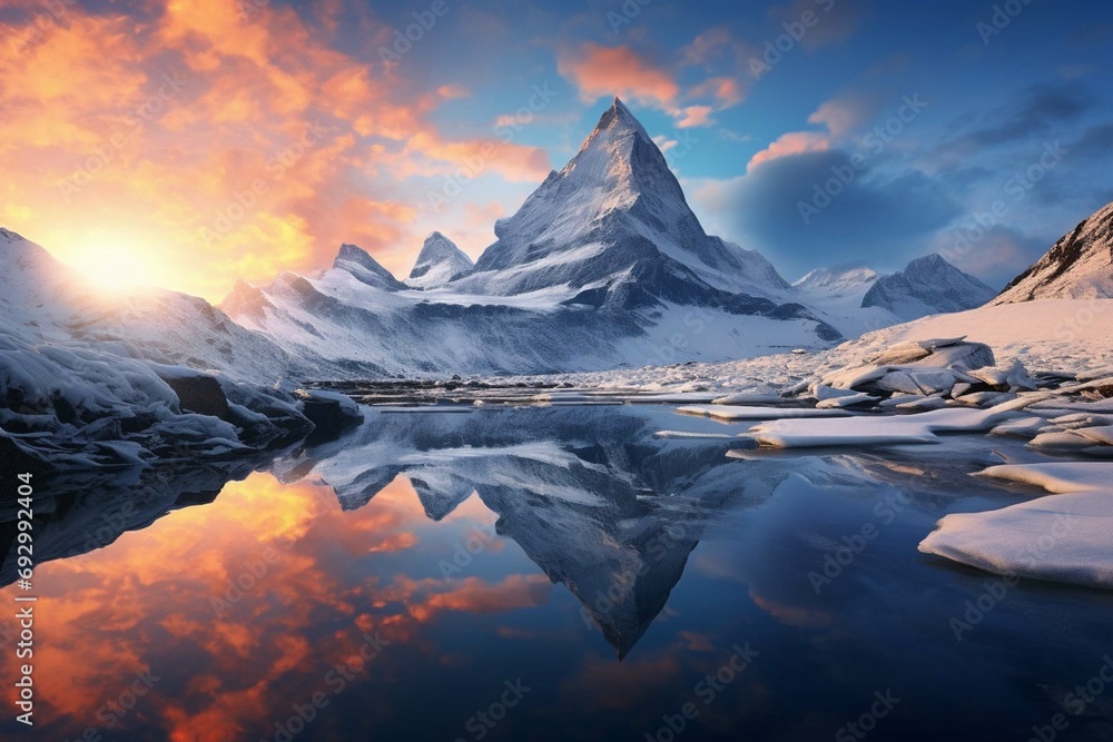 Sunrise in winter mountains. Mountain reflected in ice lake in morning sunlight. Amazing panoramic nature landscape in mountain valley