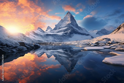 Sunrise in winter mountains. Mountain reflected in ice lake in morning sunlight. Amazing panoramic nature landscape in mountain valley © Amer
