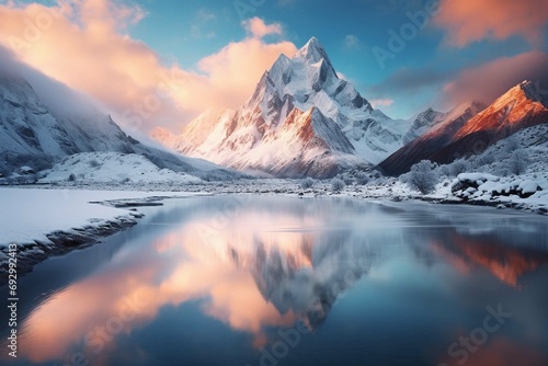 Sunrise in winter mountains. Mountain reflected in ice lake in morning sunlight. Amazing panoramic nature landscape in mountain valley