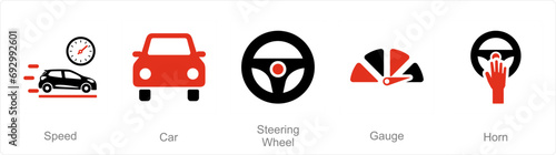 A set of 5 Car icons as speed  car  steering wheel