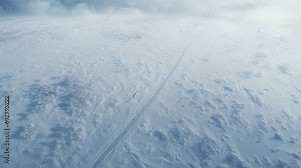 Aerial landscape of the road through snowy field