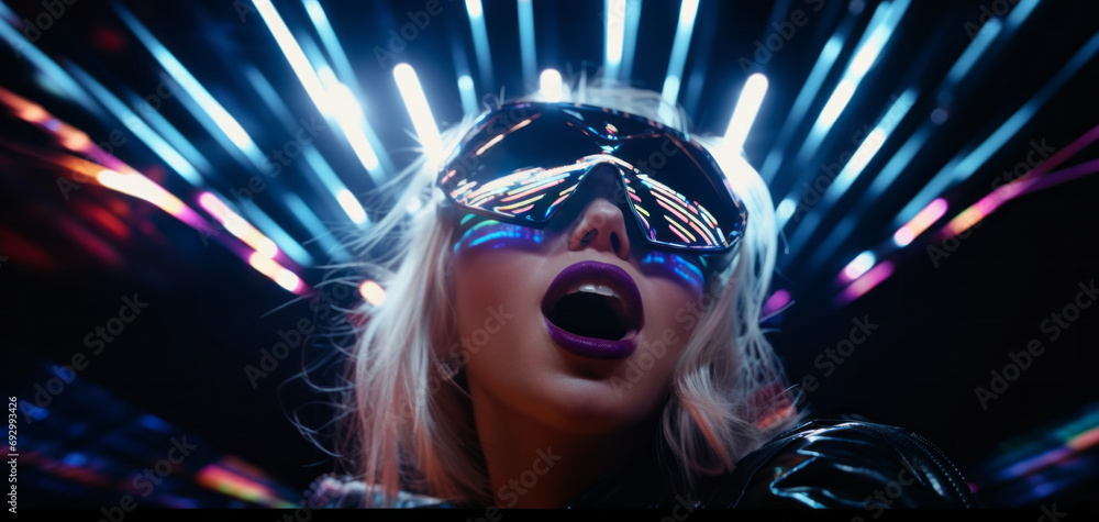 Screaming concert happy female fan. The neon-lit stadium is reflected in the fan glistening eye, creating a visually captivating image. Screaming concert happy female fan. The neon-lit stadium is reflected in the fan glistening eye, creating a visually captivating image.
