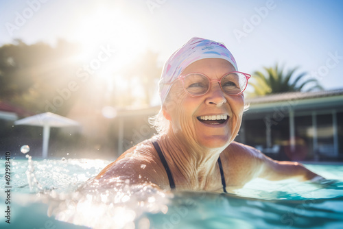 Happy healthy senior woman enjoying retirement in swimming pool, healthy retired lifestyle concept © AspctStyle