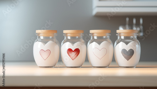 Glass jars with sugar and heart symbols on modern kitchen counter. Concept of cooking with love for romantic dinner and Valentine's Day.